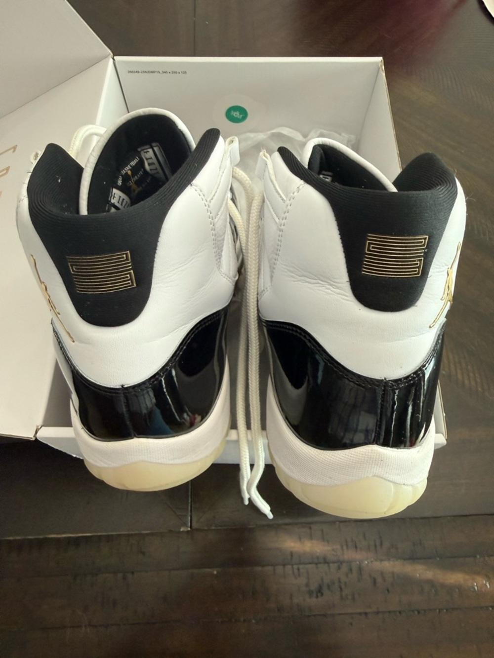 Jordan 11 Gratitude Basketball Sneakers in White, Black & Gold - Picture 5 of 9